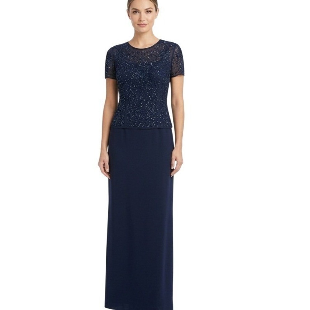 Liz Claiborne Dress Womens Petite 2 Blue Beaded Maxi Sheath Short Sleeve Evening